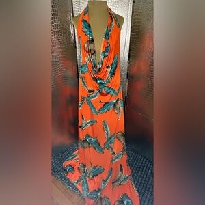 Elegant Feather Print Maxi Dress - Orange and Blue